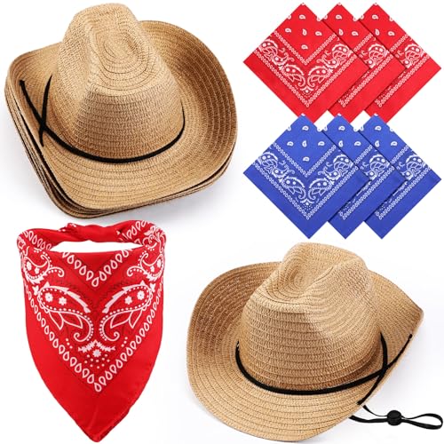 Unittype 6 Set Straw Hats Cowboy Bandanas Set Cowgirl Western Party Hat(Khaki)