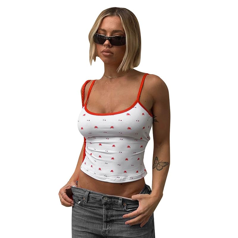 Y2K Cute Floral Graphic Crop Camis Girls Teens Coquette Tank Top Aesthetic Outgoing Slim Fit Baby Tee Cottagecore Tops