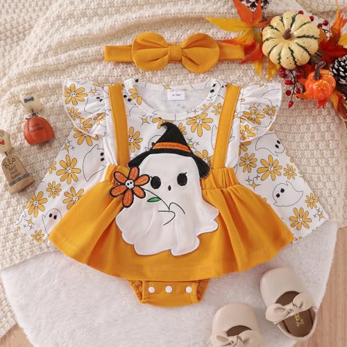 Infant Baby Girl Romper Dress Halloween Thanksgiving Christmas Outfit Cute Ruffle Long Sleeve Bodysuit Jumpsuits(Yellow,9-12 Months)3