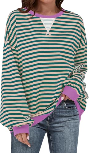 Image of UEU Women Oversized Striped Crewneck Sweatshirt Long Sleeve Color Block Pullover Tops Casual Loose Workout Shirt