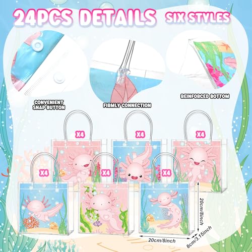 Image of Teenyyou 24 Pcs Axolotl Party Favor Bags Amphibian Clear PVC Gift Bags with Handles for Birthday Party Decorations