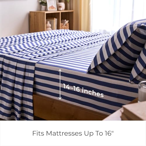 Image of Mellanni Split King Sheets Set - 5 PC Iconic Collection Bedding | Hotel Luxury, Extra Soft, Cooling Bed Sheets - Wrinkle, Fade, Stain Resistant (Split King, Oxford Stripe Blue Nova)