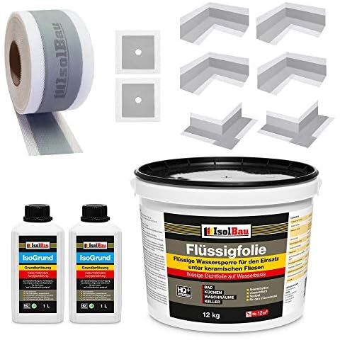 Isolbau Dicht-Set - Inkl. 1x Flüssigfolie (12 kg), 2x Grundierlösung (je 1 L), 1x Dichtband (20 m), 4x Innenecken, 2x Außenecken & 2x Manschetten Cover
