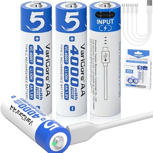 VariCore 4000mWh Rechargeable AA Batteries USB C 4 PCS 1.5V USB AA Lithium-ion Batteries USB C AA Battery Long Lasting 1200 Cycles High Capacity Battery for Toys Remotes Smart Door Lock