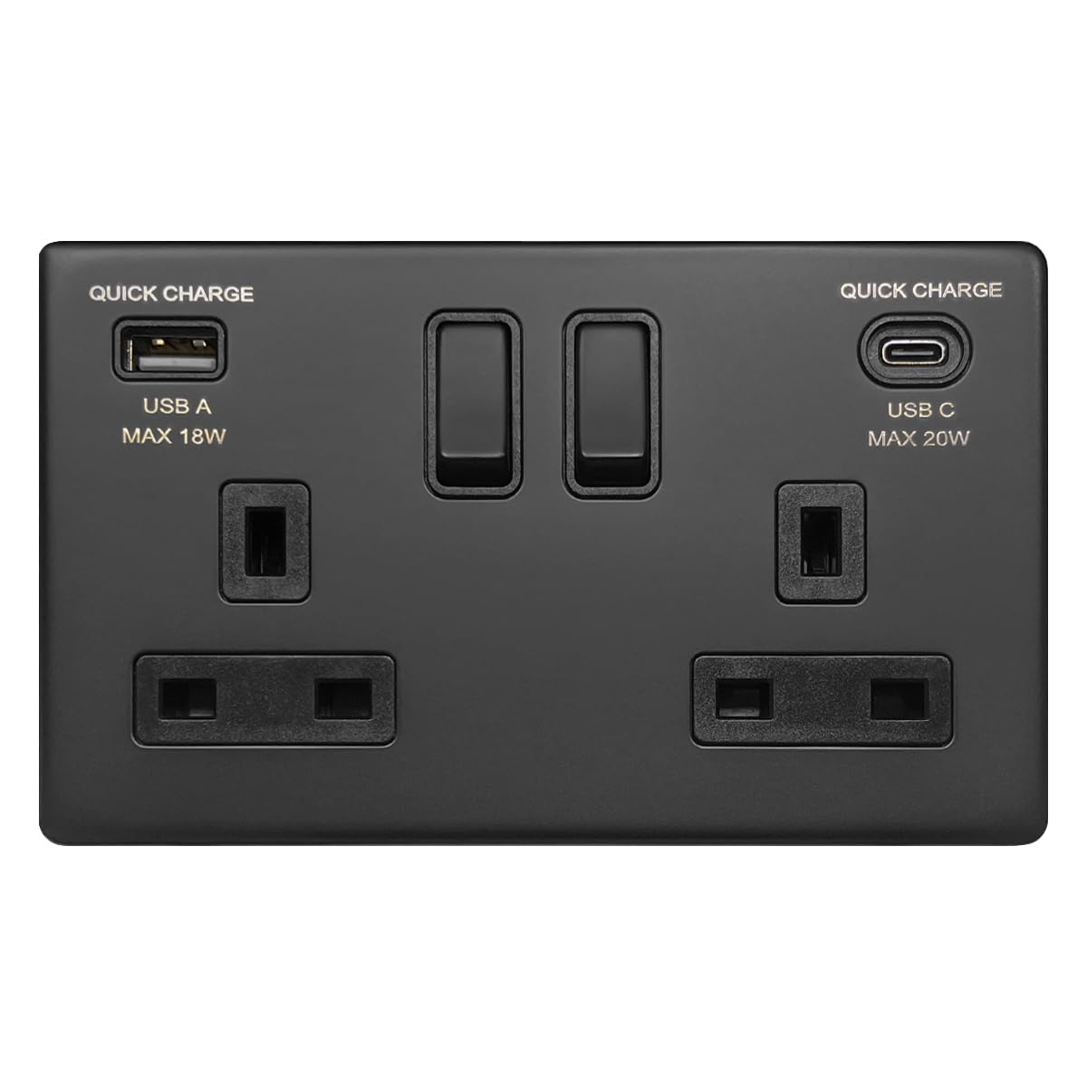 Matte Black 13A Double Switched Wall Socket with USB Type-A PD 20W Quick Charge Type-C Ports, Double Pole, BL4118