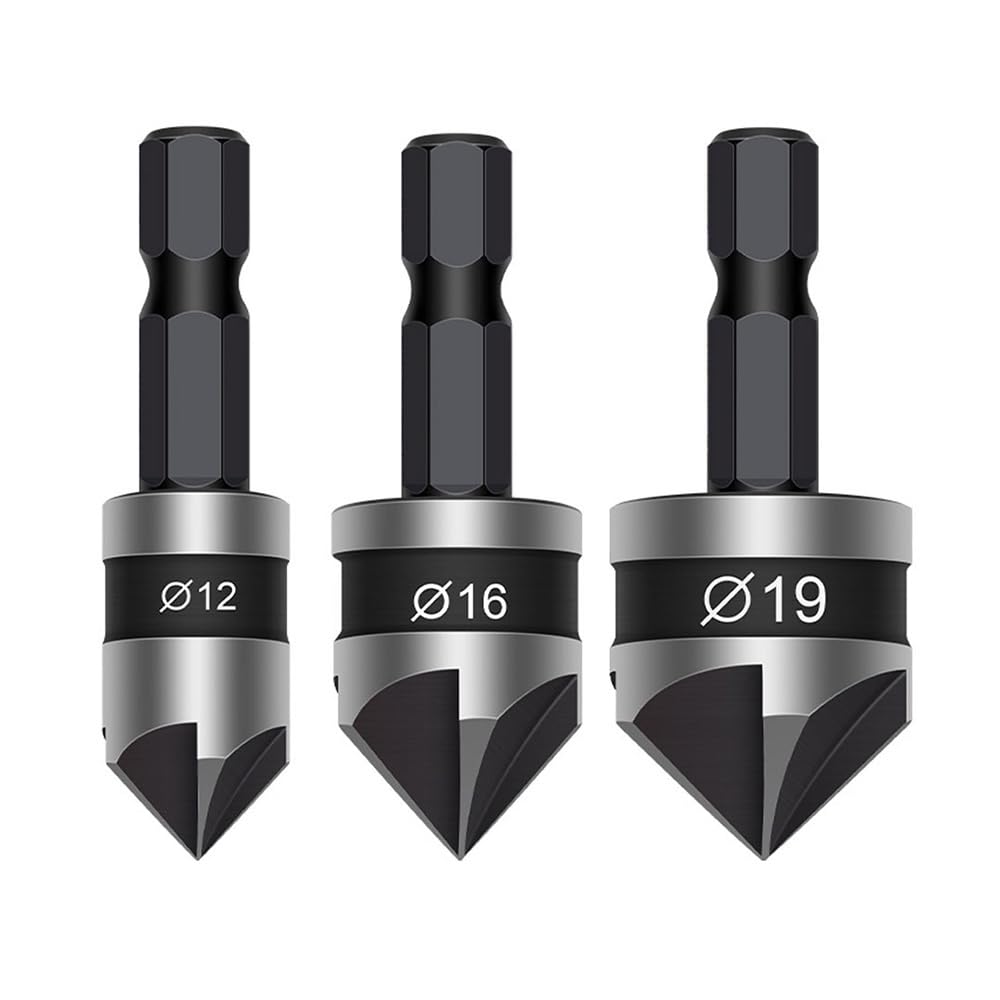 3PCS 12-19mm 5-Edge Countersunk Drill Bit Set with Hexagonal Shank – High Speed Steel Woodworking Tools, 90 Degree Chamfering Cutter, Black