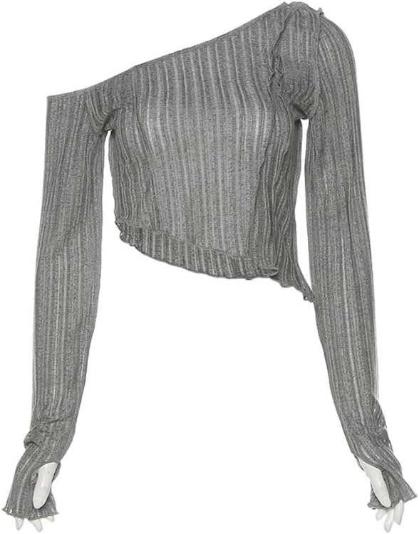 JSEIAJB Women Color Slim Fit Navel-Exposed Tops Fashionable Irregular Off-Shoulder Long Sleeves Sweater Comfortable Versatile Tops(D,Large)
