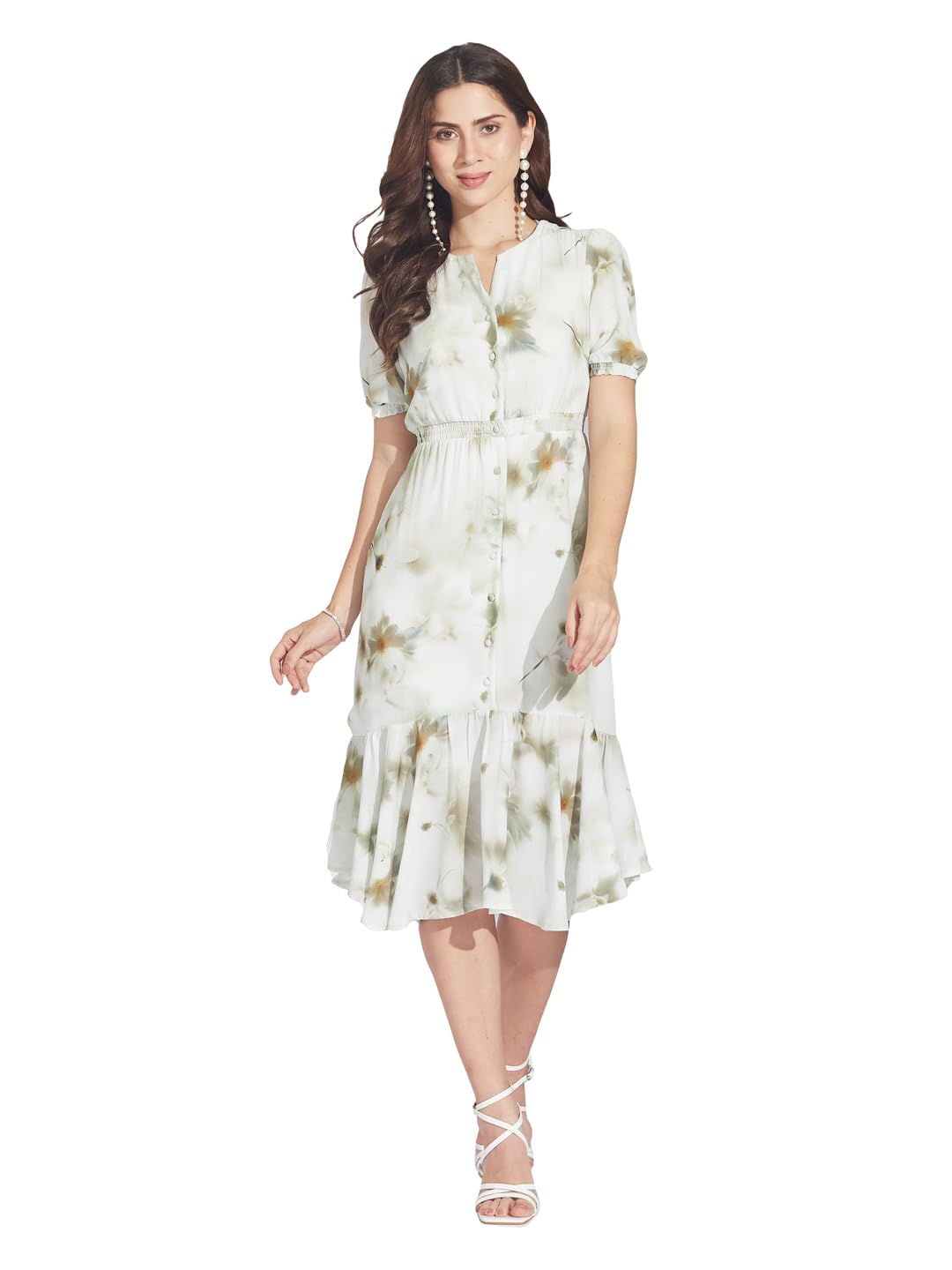 Women Green Half Sleeves Round Printed Casual Dress-image-29