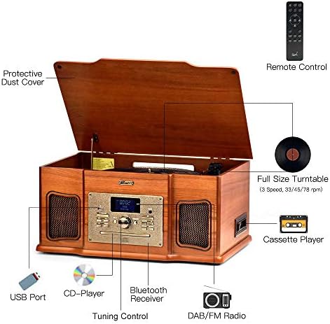 Shuman Wooden 8-in-1 Bluetooth Music Centre with 3-Speed (33, 45, 78 RPM) LP Turntable, DAB Digital/FM Radio, CD/Cassette Player, USB Playback/Recording, Built-in Speakers (MC-274DBT)