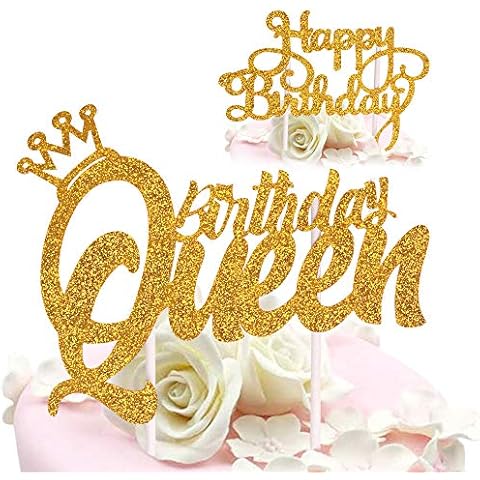 DELIGHTBOX Queen Birthday Cake Topper Gold Glitter Happy Birthday Cake Topper, Cake Toppers Birthday Party Decoration Cover