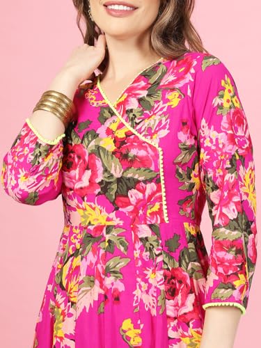 Image of A.T.U.N. (ALL THINGS UBER NICE) Womens Floral Printed Angrakha Pure Cotton Kurta with Palazzos & Dupatta Set | Traditional Ethnic Wear Clothing Set