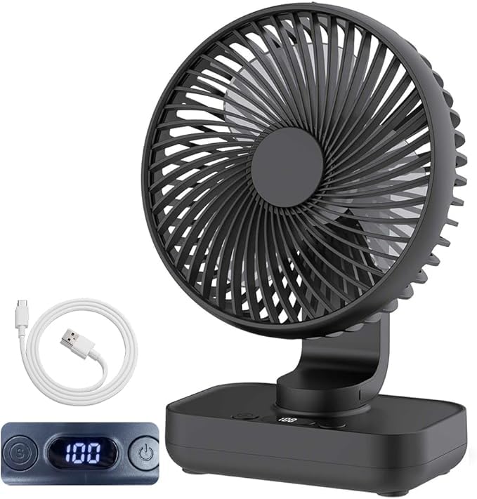 HIKALION Ventilador de escritorio, recargable por USB, 4 velocidades, oscilación de 120°, cabezal ajustable de 90°, tiempo de funcionamiento de 12 horas, opción de montaje en pared, ventilador
