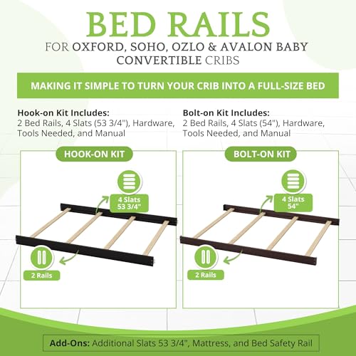 Image of Full-Size Conversion Kit Bed Rails for Oxford, Soho, Ozlo & Avalon Baby Convertible Cribs - Solid Wood - Toddler and Adult Rail for Full-Size Bed - Nursery and Baby Furniture (Espresso, Hook-On Kit)