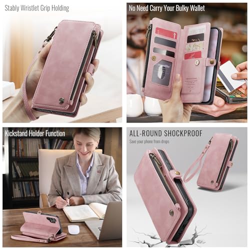 Defencase Compatible with Galaxy A32 5G Case Wallet with RFID Blocking Card Holder for Women Men, PU Leather Magnetic Snap Flip Zipper Strap Wallet Phone Case Fit for Samsung Galaxy A32 5G, Rose Pink by Defencase - Image 3