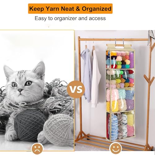 Image of KSORUSL Hanging Yarn Storage Organizer with 4 Large Pockets, Hanging Yarn Holder with Over-Door Hook for Knitting Needles Crochet Hooks, Clear Crochet Storage Bag with Zipper for Crochet Lovers