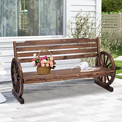 Kintness Wooden Wagon Wheel Bench Rustic Outdoor Patio Furniture 2-Person Seat Bench With Backrest For Backyard Patio thumb #1