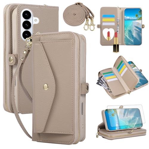 Housse Galaxy S26 Plus kaki de haute qualité avec fermeture éclair et miroir