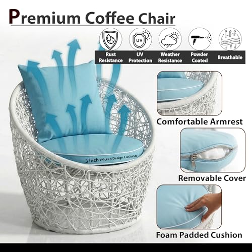 Image of OUTLIVING Outdoor Two Seater Rattan & Wicker Conversation Mudda Set | UV & Water Resistant Patio & Garden Furniture Set with 4 Cushion, 2 Chairs & Center Table with Glass Top| White & Blue