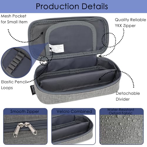 Image of FlowFly Large Capacity Pencil Case for Kids, Boys & Girls - Zippered Multi-Functional Pen Pouch, Soft & Portable Pencil Bag for School, Teens, Students, Grey