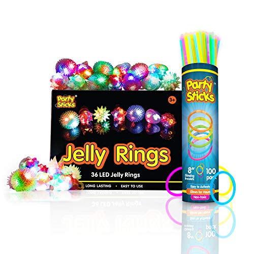PartySticks Glow Party Bundle - 100pk 8 Glow Sticks with Connectors and 36pk Light Up Jelly Rings, Wearable Glow in the Dark Party Favors and Party Supplies for Kids and Adults