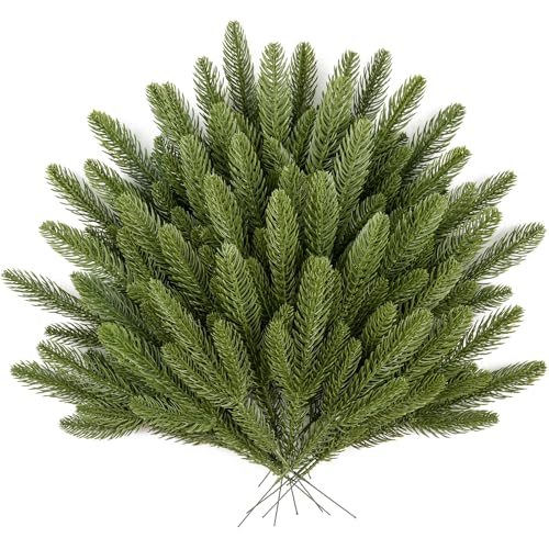 HOHOTIME 50 tallos de pino artificiales, palillos de pino de árbol de Navidad, ramas de vegetación sintética para jarrón, decoración de tallos de pino falsos, ramitas de pino sintético para guirnalda,