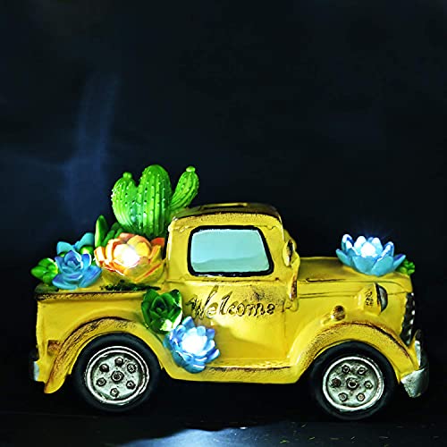 Asawasa Solar Car Garden Statues And Sculptures Outdoor Decor, Garden Figurines With Solar Led Light For Patio,Lawn,Yard Art Decoration, Housewarming Garden Gift,5.3X9.7X5.5 Inch(Yellow) #TOP2