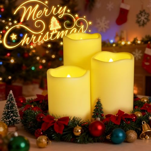 Image of Weatherproof Flameless Candles with 6 H Timer-1000 Hours Long Life, Waterproof Battery Operated Flickering LED Pillar Candles,Outdoor Candles for Chiristmas Thanksgiving Halloween （ 4 inch 5 inch 6 inch Ivory)