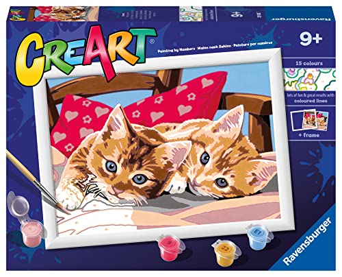 Ravensburger - Creart Serie D: Gattini Sul Cuscino, Kit Per Dipingere Con I Numeri, Contiene Una Tavola Prestampata, Pennello, Colori E Accessori, Gio