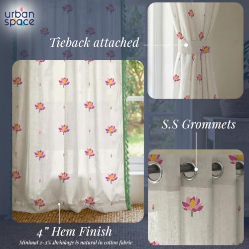 Image of Urban Space Boho Decorative Curtain for Door, 100% Cotton Curtain 7 Feet Long, 1 piece Curtain with Tassels, 60-65% Room Darkening with Tieback and Eyelets (Lotus Aura Pink, 7 Feet)