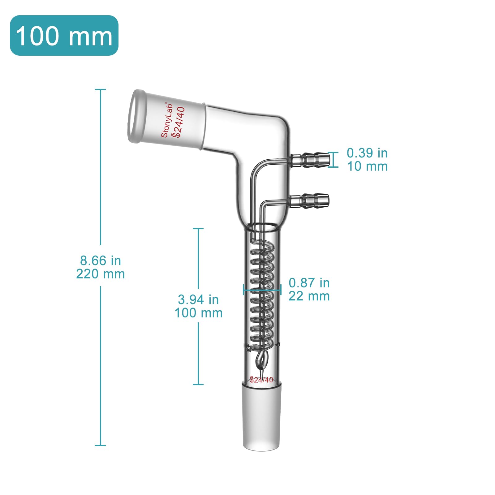 stonylab Condensador de Reflujo de Bobina, Condensador Dimroth de Vidrio Borosilicato Dobladado 105°, Juntas 24/40 y Sección de Bobina 100 mm, Tubo de Condensación para Experimentos de Destilación