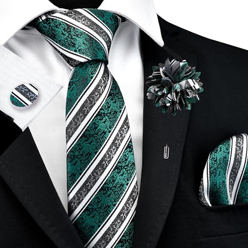 Image of GUSLESON 3.15 inch（8cm） Mens Stripe Tie and Lapel Pin Necktie Hankerchief Cufflinks Set for Men
