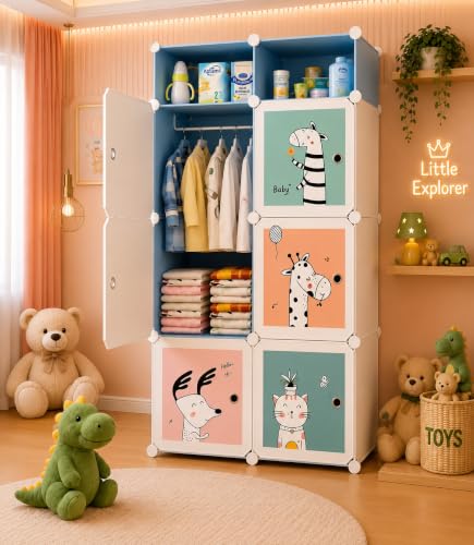 Image of Plastic Wardrobe for Clothes | Plastic Almirah for Kids | 6+2-Cube Baby Cupboard for Clothes Storage | Portable Collapsible Wardrobe | DIY Kids Almirah for Bedroom - Cute Animal Print