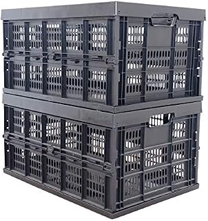 POOLWHALE 45 Liter Collapsible Crate Folding Storage Bin/Container: Grated Wall Utility Basket/Tote,Black (Pack of 2)
