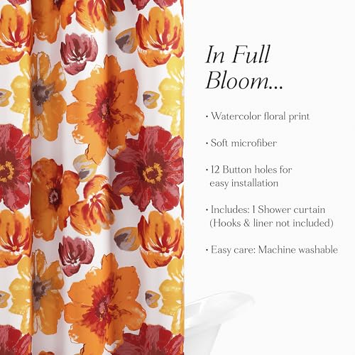 Image of Lush Decor Leah Floral Shower Curtain, 72 inch W x 72 inch L, Red & Orange - Fabric Shower Curtains - Watercolor Botanical Bathroom Curtain - Farmhouse & French Country Decor