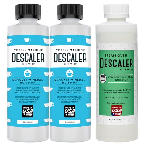 IMPRESA 3 Bottle Descaling Solution Bundle - One 8 Fl Oz Steam Oven Cleaner and Two 8 Fl Oz Coffee Machine Descalers - Compatible with Keurig, Nespresso, Wolf, Miele and Thermador