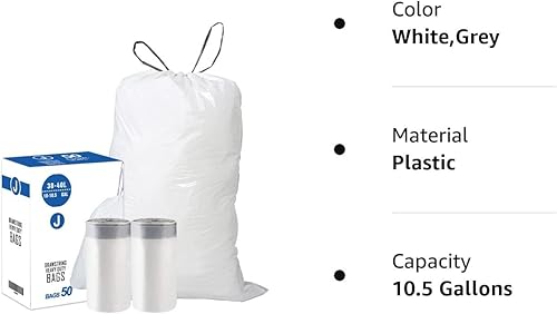 Miniatura 7 de Code J (50 unidades) Bolsas de basura de plástico resistentes con cordón de 10-10.5 galones de 1.2 mil. Bolsas de basura con cordón blanco de