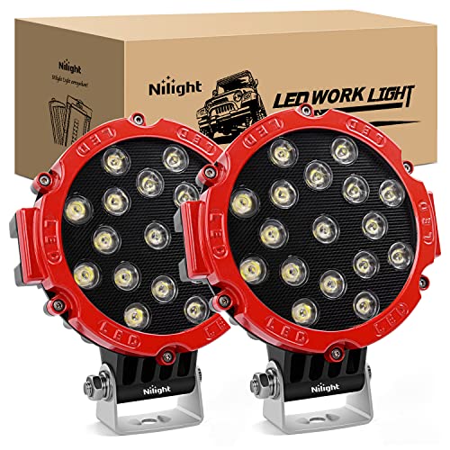 Nilight - 15023SR-B Led Light Bar 2PCS 7" 51w 5100LM Red Round Spot Light Pod Off Road Fog Driving Roof Bar Bumper for Jeep,SUV Truck , Hunters, 2 years Warranty
