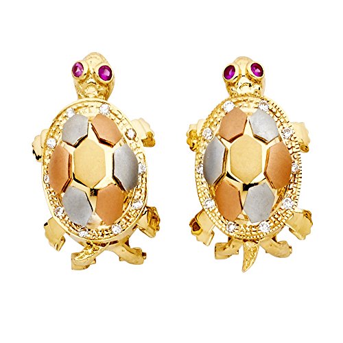 14k Tri Color Gold CZ Fancy Turtle Earrings