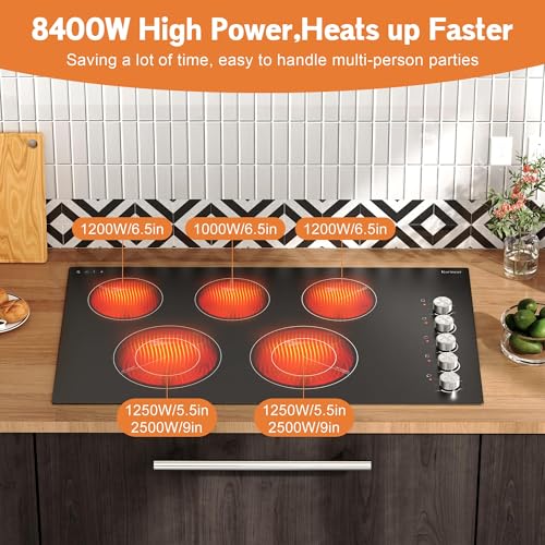 Image of Karinear 36 Inch Electric Cooktop, Knob Control Ceramic Stovetop, 220-240V