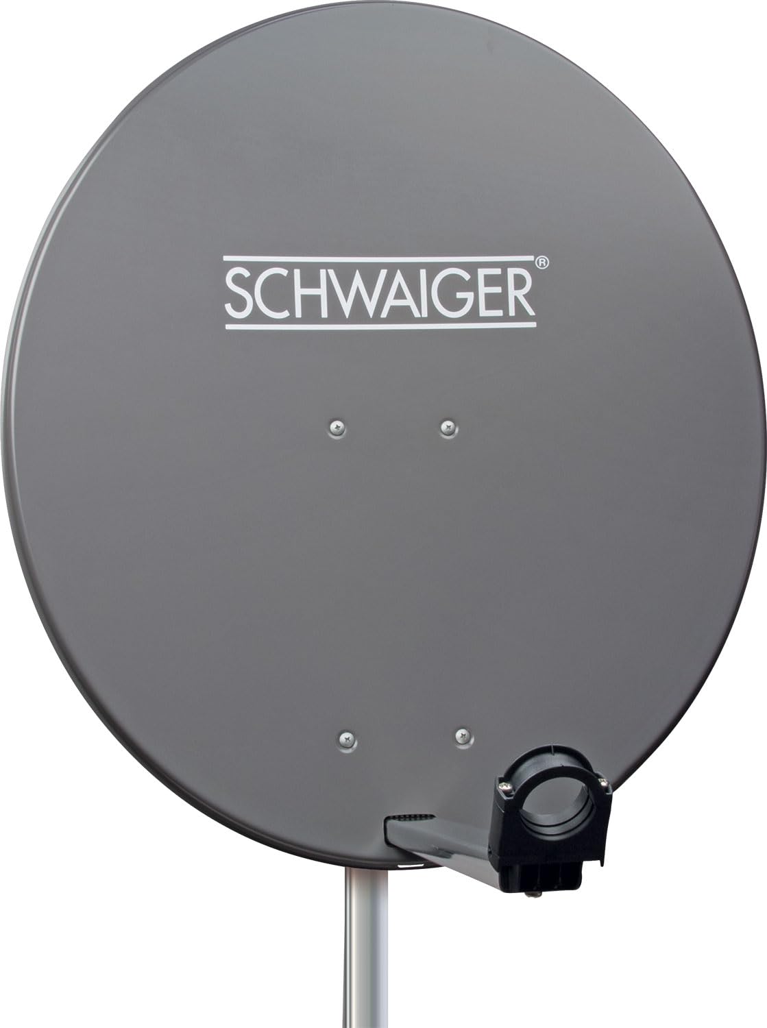 Antena para televisión digital vía satélite Schwaiger 714166 (75 x 85 cm) con brazo de carga LNB y mástil, antracita, espejo de acero – para recepción de DVB-S/S2 en Full HD, 3D y 4K (Ultra HD)