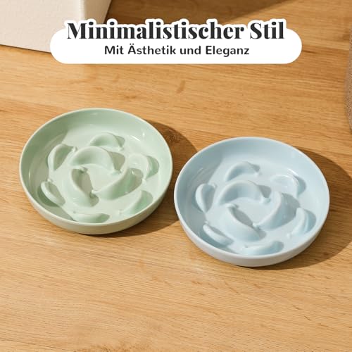 Antischlingnapf Katze Set aus Melamin - 3 Stück Futternäpfe für langsames Fressen - Katzennäpfe in Pastellfarben - Fressnäpfe für Katzen - Weiß, Blau und Grün