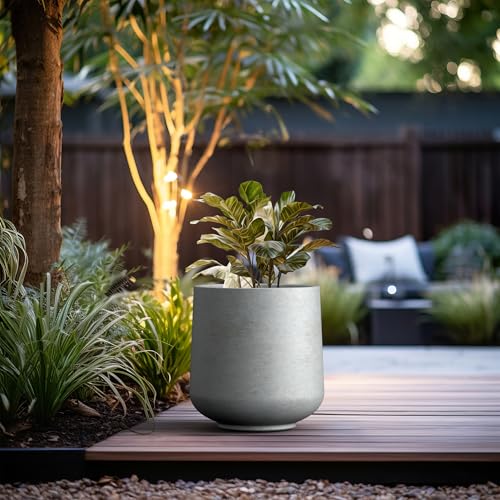 Image of Kante Large Round Curved Pale Gray Concrete Planter 16.5 inch Dia, Outdoor | Rubber Plug for Indoor, Drainage for Garden, All-Weather Cement Tree Pot, Handcrafted, Anti-Frost & UV, Modern Home Decor