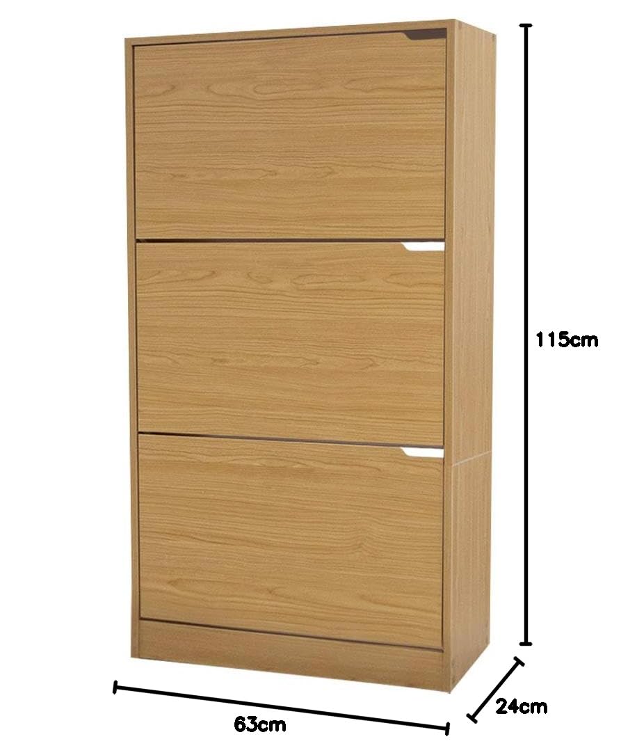 BAKAJI Zapatero de Madera MDF con 3 Puertas para Zapatos abatibles, Asas retráctiles, Doble Profundidad, tamaño Compacto, Delgado, 63 x 24 x 115 cm, Ahorra Espacio de Entrada de casa (Roble)