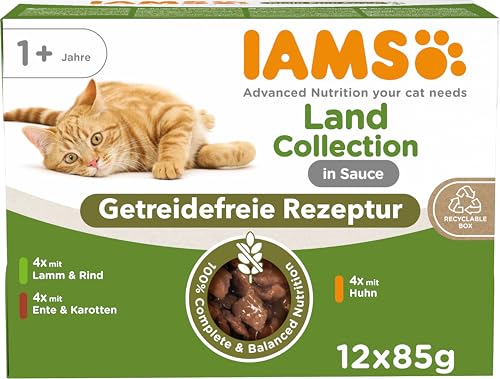IAMS Delights Land Collection Katzenfutter Nass Getreidefrei - Multipack mit Fleisch Sorten in Sauce, getreidefreies Nassfutter für Katzen ab 1 Jahr,...