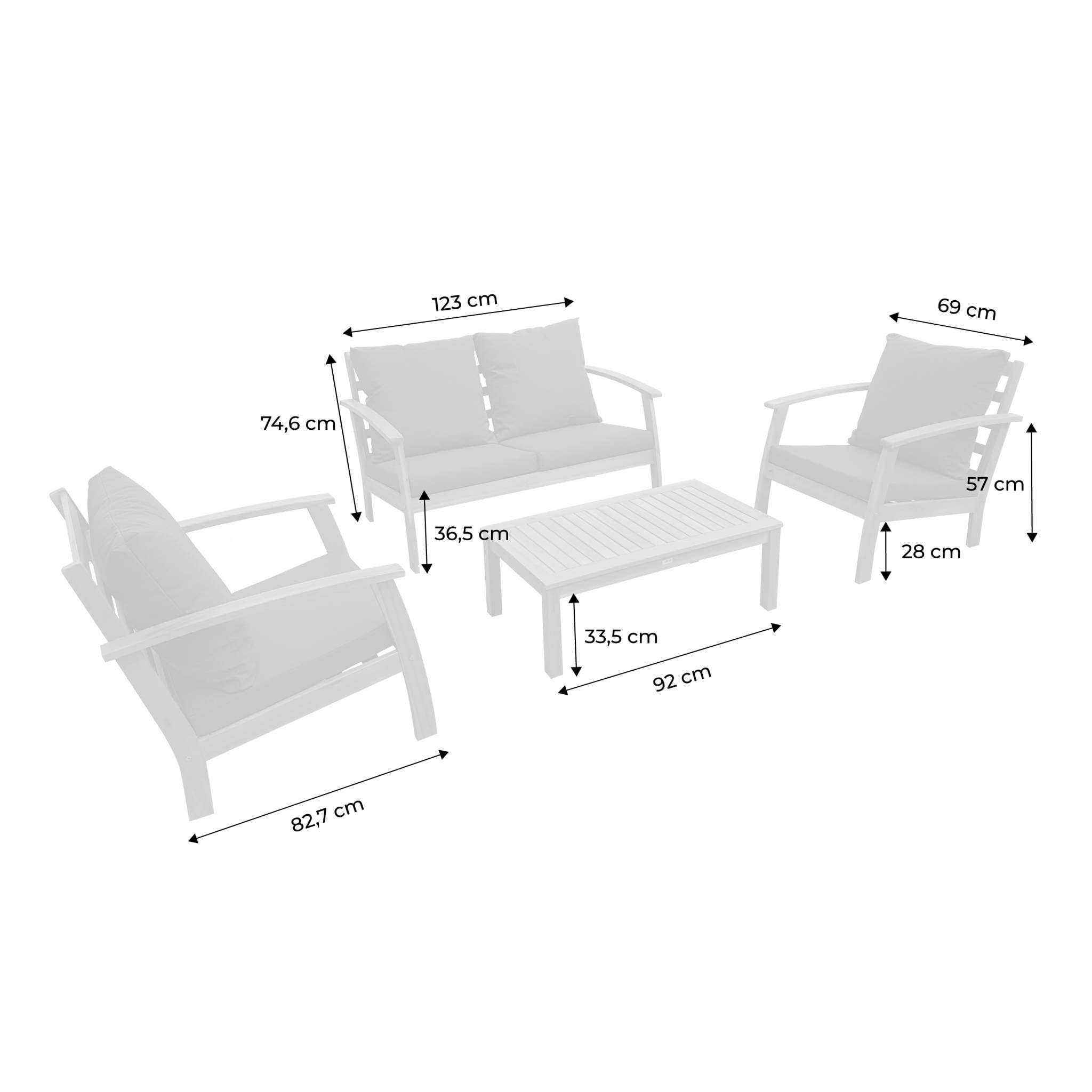 sweeek - Salon de Jardin en Bois 4 Places Coussins Kaki. canapé. fauteuils et Table Basse en Acacia. Design