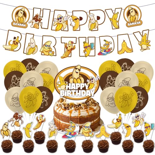 Banana Happy Birthday Banner & Cake Topper Set - Includes