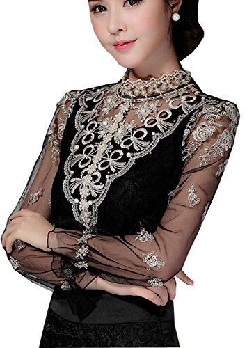 Women's Lace Spliced Shirt Long Sleeve Stand Collar Tops Blouse (Us12=Xxxl, Gauze) #TOP13