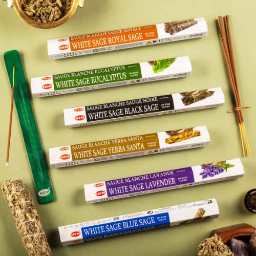 Image of Cleaning Collection 6 White Sage Incense Blends - Yerba Santa, Eucalyptus, Lavender, Blue, Black & Royal Sage Incense Sticks with Holder, Premium Brown Incense Sticks
