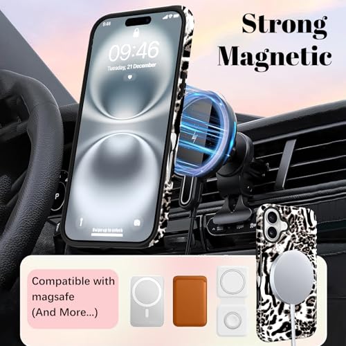 Image of Magnetic for iPhone 16 Case for Women Men, White Leopard | Cute Cheetah Pattern Design [Compatible with MagSafe] 2-Layer Hybrid Shockproof Glossy Protective Cover