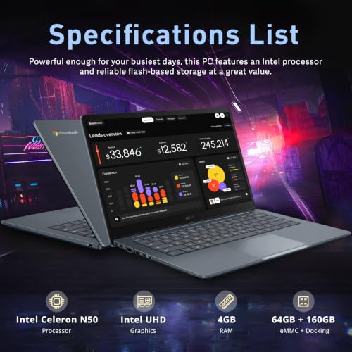 Image of ASUS CX14 14 inch FHD Chromebook Laptop, Intel Celeron N50,4GB Memory, 224GB Storage(64GB eMMC+160GB Docking Station Set), Intel UHD Graphics, 720p HD Camera, WiFi 6, Chrome OS,Dusk Gray